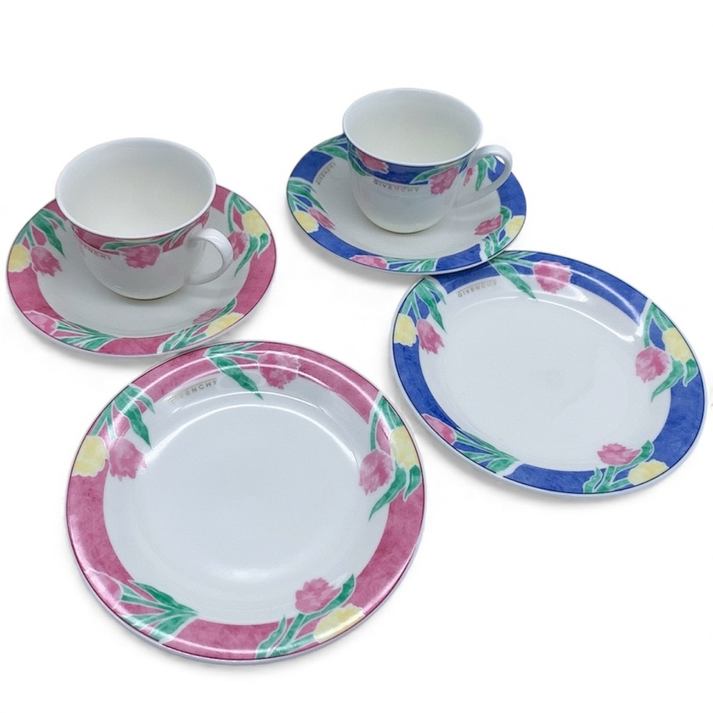 Givenchy 6-Pc Pink Blue Floral Tea Cup Saucer Dessert Plate Set